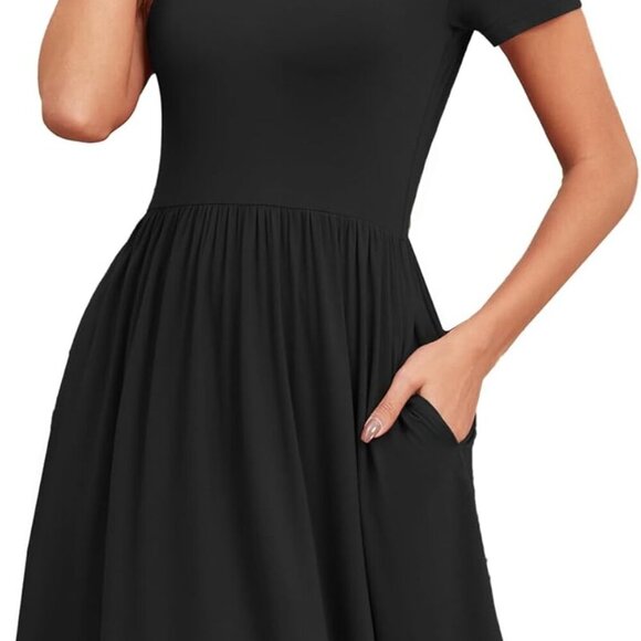 Women's Summer Short Sleeve Dress Casual V Neck Pockets Loose Fit Swing - Picture 3 of 4